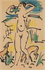 Max Pechstein, Weiblicher Akt mit (Katze und) Tieren, 1912, India ink and coloured chalks on paper (postcard)