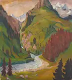 Erich Heckel, Fluss zwischen Bergen, 1925, Oil on rough canvas