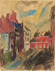 Erich Heckel, Straße in Roeselare, 1915, Watercolour, coloured chalks and carpenter's pencil on firm brownish paper