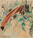 Erich Heckel, Drei Akte im Freien unter braunem Segel, 1914, Watercolour and pencil on laid paper