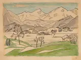 Gabriele Münter, Landschaft bei Murnau, Circa 1920, Watercoloured India ink and brush drawing on firm, light brown paper
