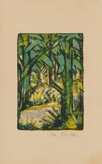 Otto Mueller, Waldlandschaft, Circa 1924, Colour lithograph on greyish-yellow copperprint paper