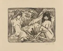 Zwei in Dünen sitzende Mädchen (2 Mädchen am Ufer) by Otto Mueller, 1921/1922, Lithograph on yellowish, hammered laid paper, sold Dec 2025