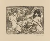 Otto Mueller, Zwei in Dünen sitzende Mädchen (2 Mädchen am Ufer), 1921/1922, Lithograph on yellowish, hammered laid paper