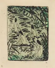 Otto Mueller, Zwei badende und zwei am Ufer sitzende Mädchen, Circa 1919, Lithograph, coloured, on light book paper