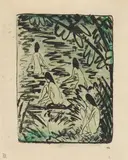 Otto Mueller, Zwei badende und zwei am Ufer sitzende Mädchen, Circa 1919, Lithograph, coloured, on light book paper