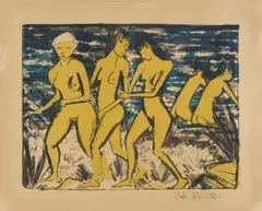 Otto Mueller, Fünf gelbe Akte am Wasser, 1921, Colour lithograph on hammered laid paper