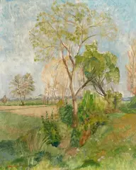 Frühling in den Wümmewiesen - Büsche und Bäume hinter Brelings by Otto Modersohn, 1925, Oil on artist's board, sold Dec 2025