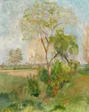 Otto Modersohn, Frühling in den Wümmewiesen - Büsche und Bäume hinter Brelings, 1925, Oil on artist's board