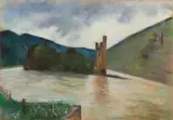Lesser Ury, Der Mäuseturm bei Bingen mit Blick auf die Burgruine Ehrenfels, 1924, Pastel on card