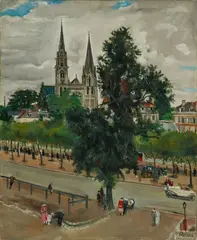 Lucien Adrion, Französische Straßenansicht mit Kathedrale, Oil on canvas