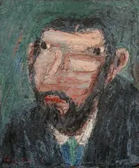 Mann mit schwarzem Haar, Backenbart und grüner Krawatte by Clifford Holmead Phillips, 1972, Oil on canvas, mounted on panel, sold Dec 2025