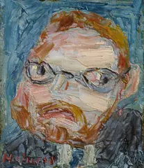 Mann mit Brille und rotem Haar und Bart by Clifford Holmead Phillips, 1972, Oil on canvas, mounted on panel, sold Dec 2025