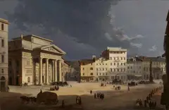 Ippolito Caffi, The Piazza della Borsa -  the Stock Exchange Square – in Trieste at Night, Oil on canvas