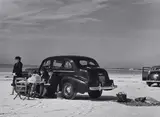 Marion Post Wolcott, Winter visitors picnic on running board of car, Sarasota, Florida, 1941, Selenium-toned gelatin silver print, printed