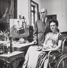 Frida Kahlo and the doctor Juan Farill at her home in Coyoacán, Mexico City by Gisèle Freund, 1951, Vintage ferrotyped gelatin silver print, sold Dec 2025