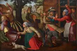follower of Marten van Cleve, "Boerenvreugd" (the peasants pleasure) -  farmers drive rich city dwellers out of their homes, Oil on panel