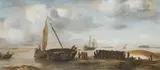 attributed to Jan Porcellis, An Estuary at Low Tide with Fishermen at a Breakwater, in the Background the Walcheren Peninsula (?), Oil on panel