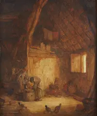 Isaac van Ostade, Stable Interior with a Farmer Couple, Cows and Chicken, Oil on panel