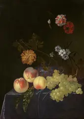 Jacques Samuel Bernard, Still life with Peaches and Grapes and a Glass Vase with Carnations and other Flowers on a Table Top, Oil on canvas (relined)