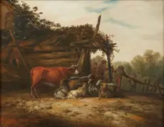 Jacobus Mancadan, Shepherds and their Animals by a Stable, Oil on panel (parquetted)