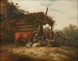 Jacobus Mancadan, Shepherds and their Animals by a Stable, Oil on panel (parquetted)