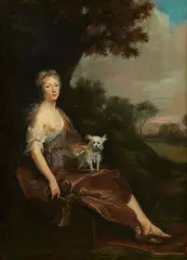 Cornelis Troost, Seated lady with a lap dog in front of a landscape, Oil on canvas