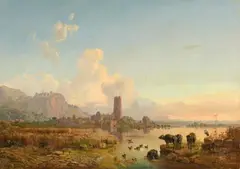Landscape in the Pontine Marshes with the Ruins of Ninfa and a View of Sezze by Heinrich Bürkel, Oil on canvas (relined), sold Nov 2025