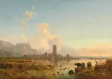 Heinrich Bürkel, Landscape in the Pontine Marshes with the Ruins of Ninfa and a View of Sezze