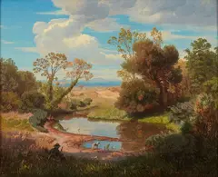 Andreas Achenbach, Italian Landscape with a Hunter and his Dog, Oil on canvas