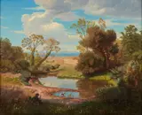 Andreas Achenbach, Italian Landscape with a Hunter and his Dog, Oil on canvas