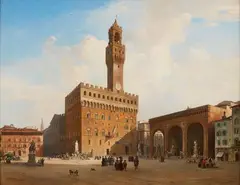 Albert Emil Kirchner, Piazza della Signoria in Florence with the Palazzo Vecchio and Loggia dei Lanzi, Oil on canvas