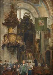Carl Seiler, Church interior with churchgoers, Oil on panel