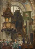 Carl Seiler, Church interior with churchgoers, Oil on panel