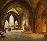 Carl Hasenpflug, Monastery Hall with a View of the Church and a Castle on a Hill, Oil on canvas