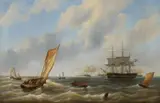 Petrus Johannes Schotel, Dutch naval squadron in front of a harbor town (Vlissingen), Oil on canvas