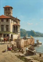 Jacques Carabain, View of Arona on Lake Maggiore, Oil on canvas
