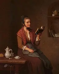 Johann Georg Meyer, Young woman reading, Oil on panel