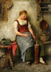 Hugo Kauffmann, Girl by a Butter Churn, Oil on panel