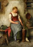 Hugo Kauffmann, Girl by a Butter Churn, Oil on panel