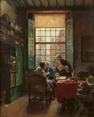 Max Gaisser, Interior with three Scholars in a Study overlooking a Dutch Harbour Town, Oil on panel