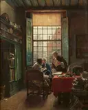 Max Gaisser, Interior with three Scholars in a Study overlooking a Dutch Harbour Town, Oil on panel
