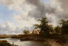 Remigius Adrianus Haanen, Boats Moored at a Village by a River, Oil on canvas