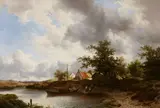 Remigius Adrianus Haanen, Boats Moored at a Village by a River, Oil on canvas