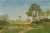 Paul Müller-Kaempff, Spring Day in Ahrenhoop. The Mill behind Blossoming Fruit Trees, Oil on canvas