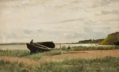Walter Leistikow, Boat on the beach at Göhren on Rügen, Gouache on paper, mounted on cardboard
