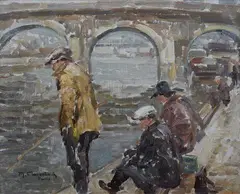 Max Clarenbach, Anglers by the Seine, Oil on card