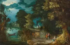 Abraham Govaerts, Landscape with a Barge on a River, a Horse Cart and Travellers, Oil on panel (parquetted)