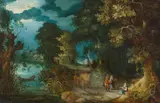 Abraham Govaerts, Landscape with a Barge on a River, a Horse Cart and Travellers, Oil on panel (parquetted)