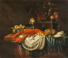 Jan Baptist Lust, Still life with Fruit, Lobster, Oysters and other Objects on a Table, Oil on canvas